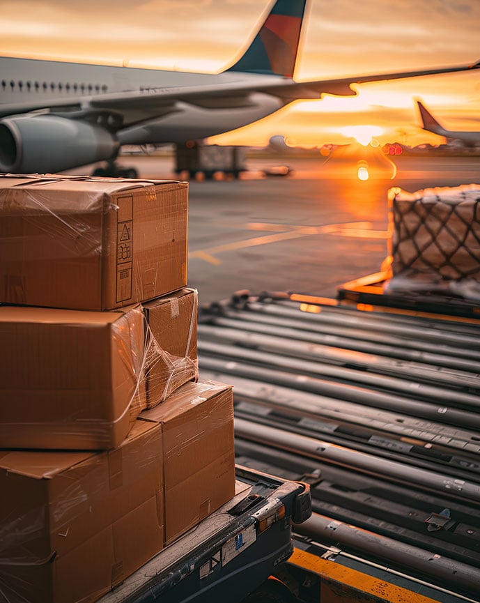 A logistics scene with an airplane and product boxes